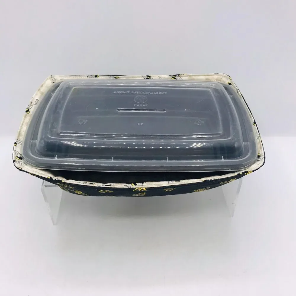 Reversible Microwave Cozie For Takeout Containers Farmhouse Yellow Bees on Black